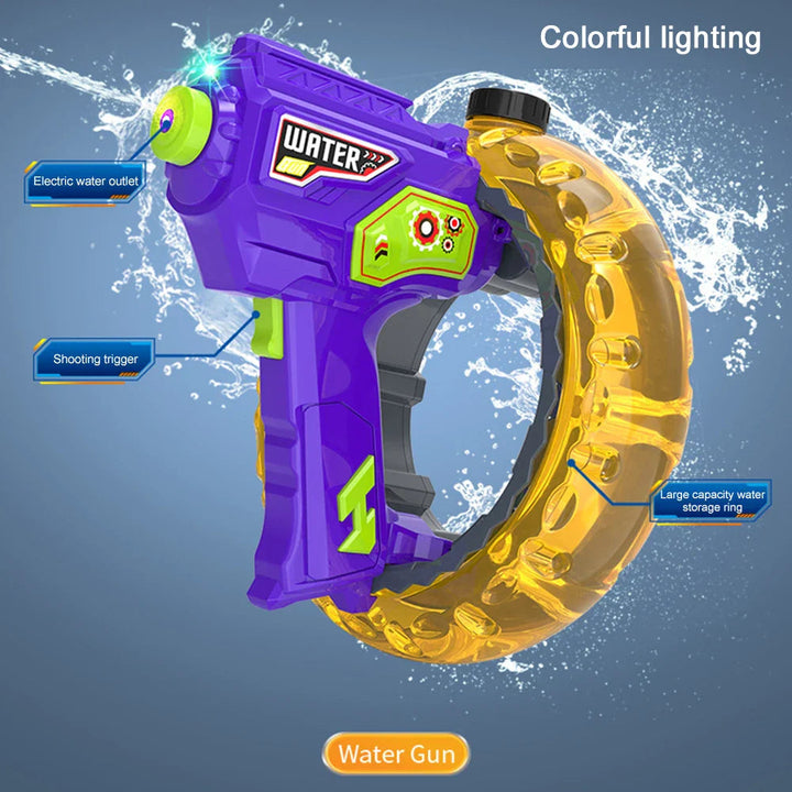 Purple water blaster with a yellow curved reservoir, illuminated nozzle and labeled controls