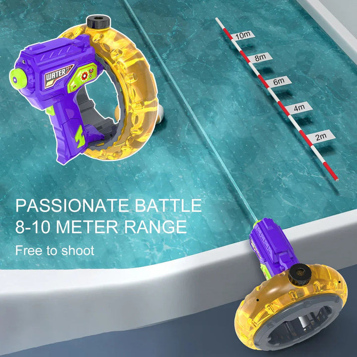 Purple and yellow water blaster beside a pool with an 8-10-meter range guide
