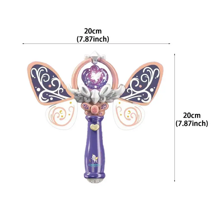 Purple winged toy wand measurement guide showing 20 cm width and 20 cm height