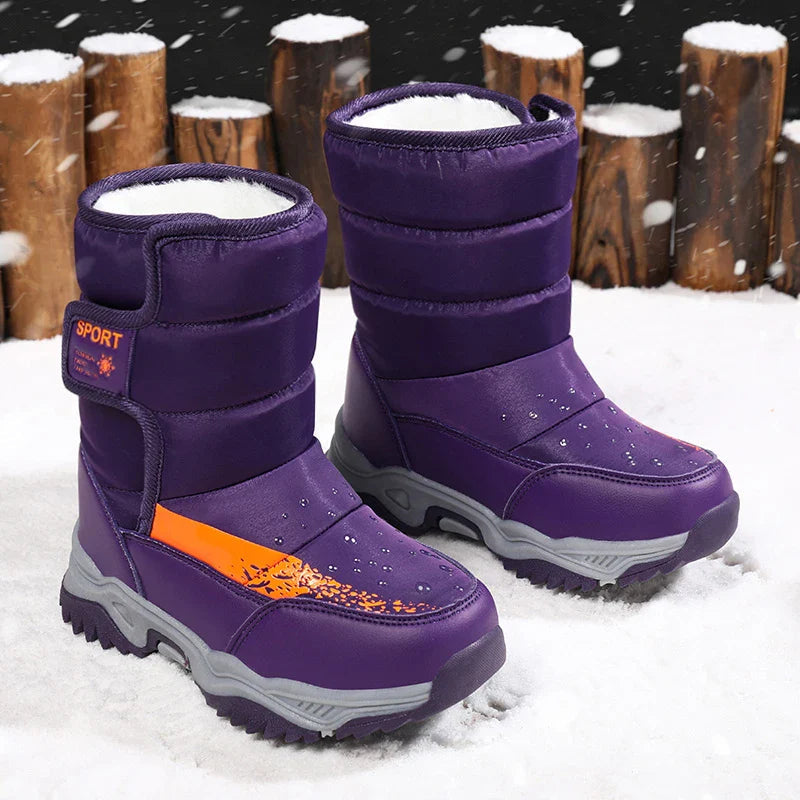 Purple winter boot pair showing padded shafts, orange accents, and light-colored plush lining