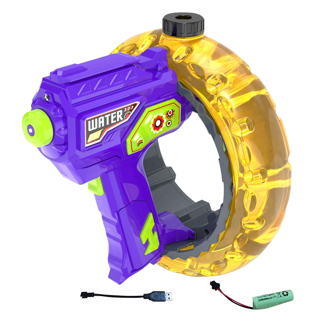 Purple water blaster with a yellow curved reservoir, rechargeable battery and USB charging cable