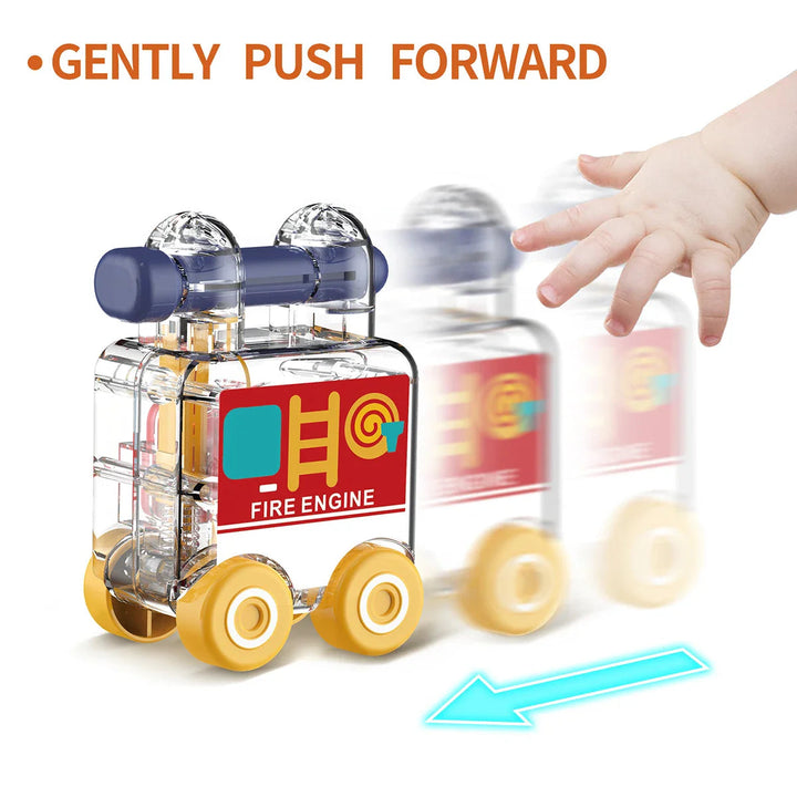Clear fire engine toy with yellow wheels shown rolling forward