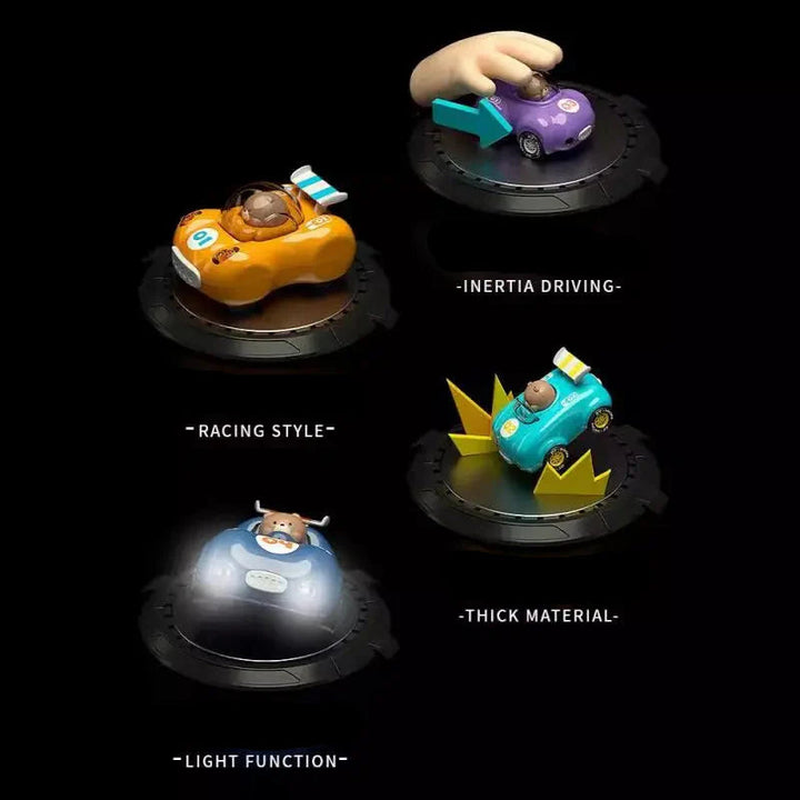 Toy car feature graphic showing push motion, racing details, thick construction and headlights