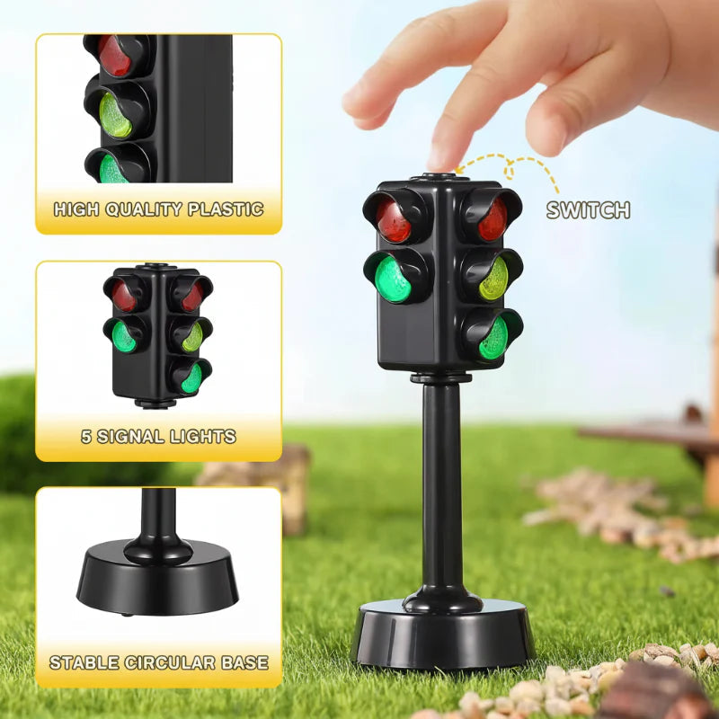 Button-operated traffic-light model with multiple signal faces and a round base.