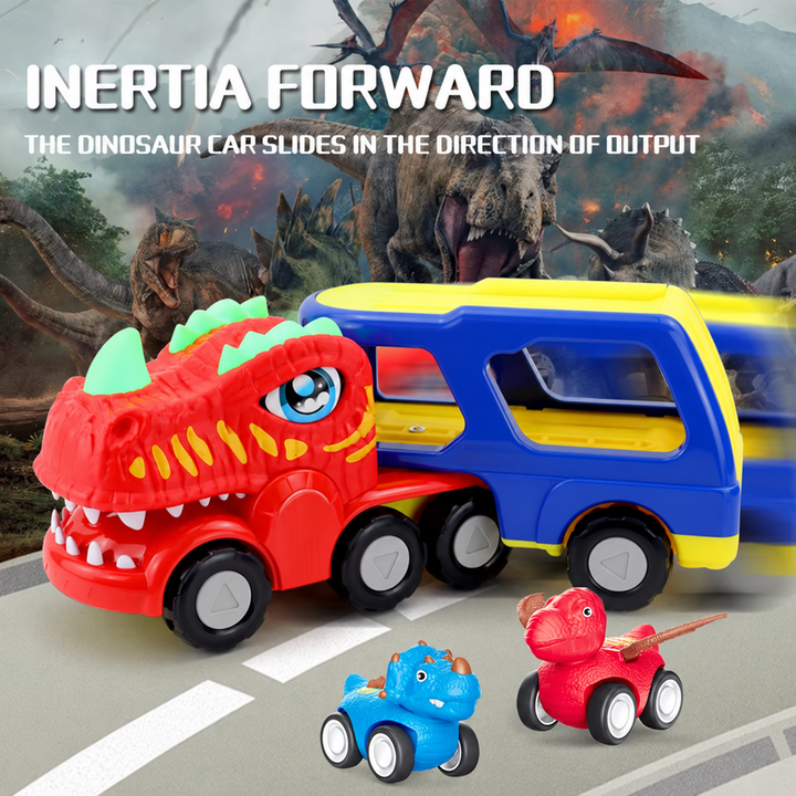 Push-forward dinosaur transporter shown beside blue and red dinosaur vehicles.