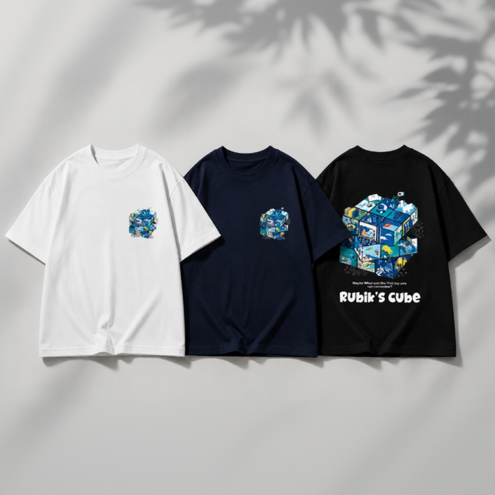 White and navy blue T-shirt fronts beside a black T-shirt showing a large cube graphic on the back