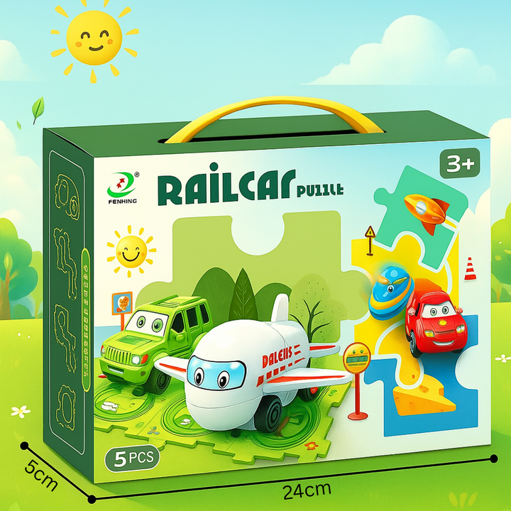Puzzle track playset box with a carry handle and 24 cm by 5 cm measurements