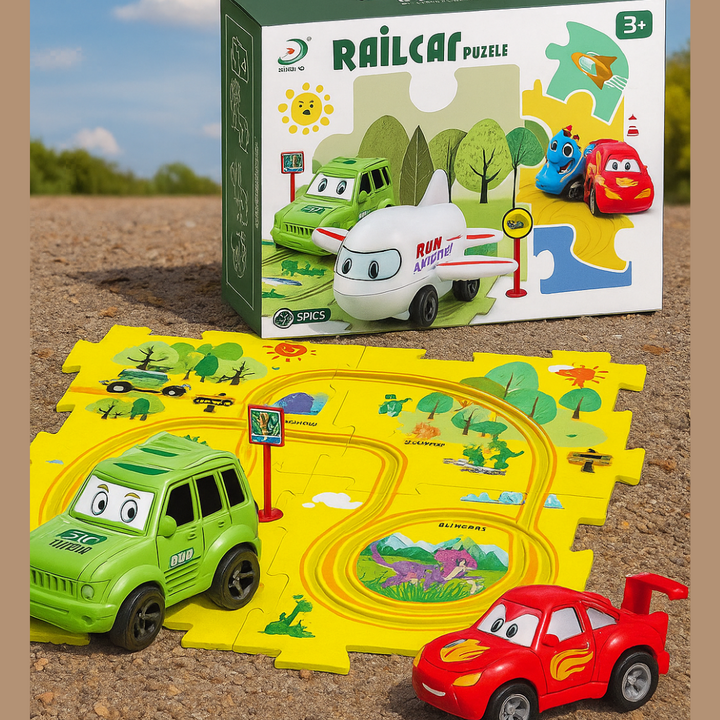 Toy vehicles displayed beside a yellow puzzle track and carry-handle box