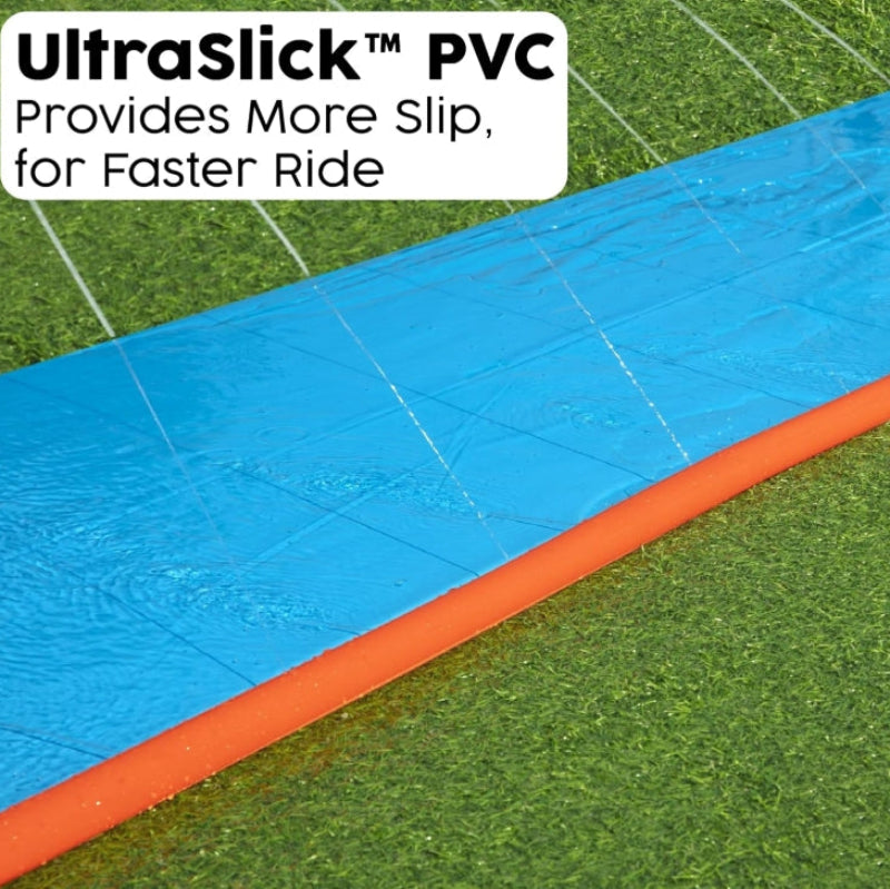 Smooth blue PVC sliding lane with water jets along the orange edge