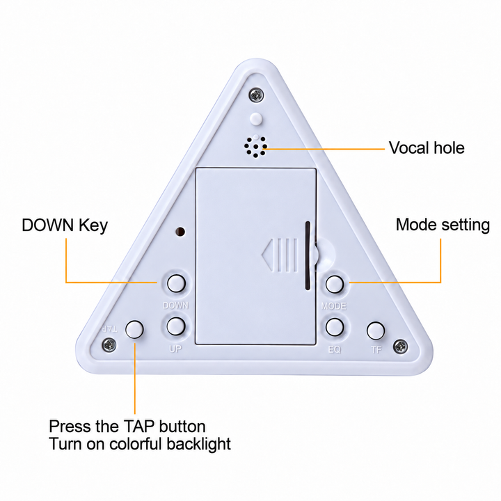 Rear view of the pyramid alarm clock with labeled buttons and battery cover.