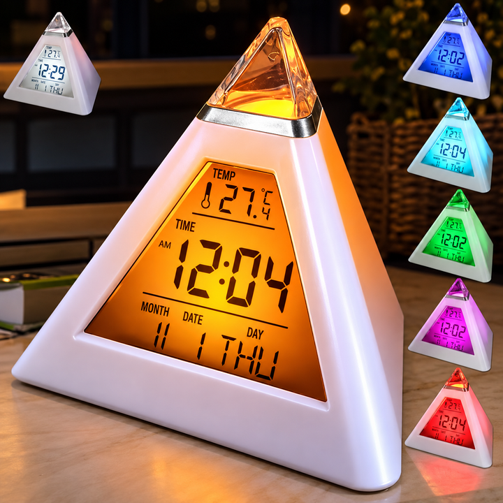 Pyramid alarm clock with an orange display, shown beside examples of other light colors.