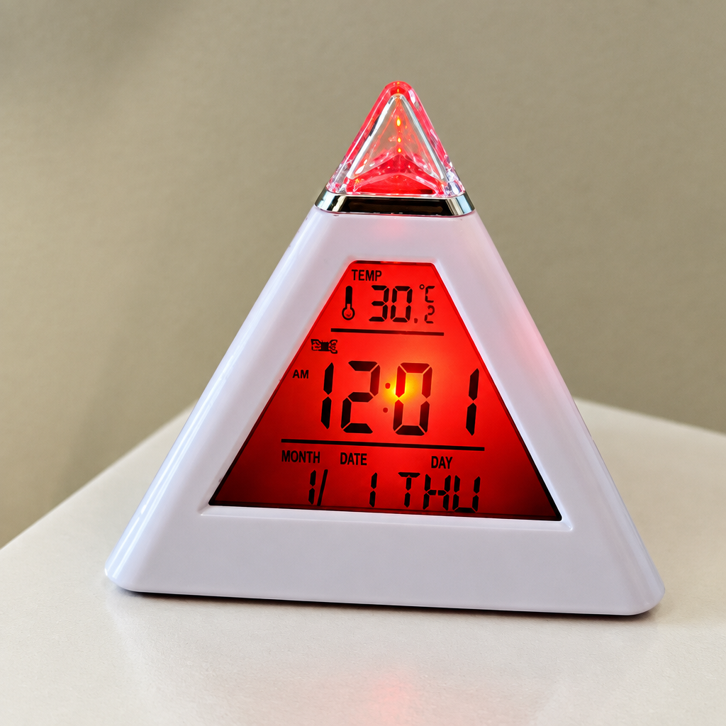 White pyramid alarm clock with a red-lit time and temperature display.