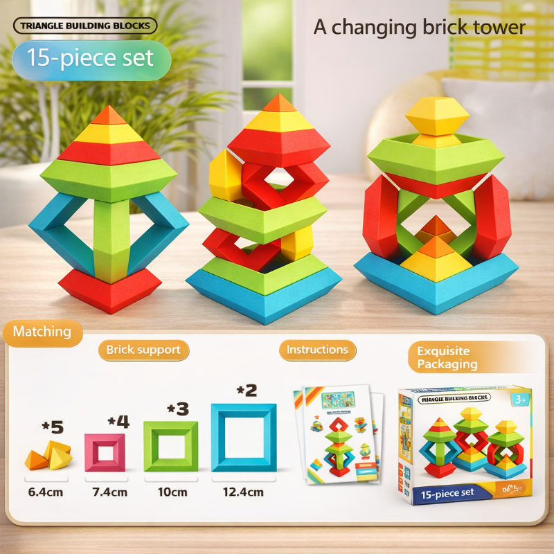 Stacking block set with tower examples, piece measurements, instruction booklet, and box