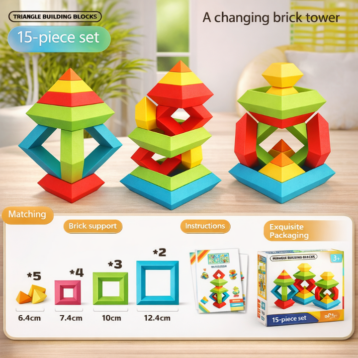Stacking block set with tower examples, piece measurements, instruction booklet, and box