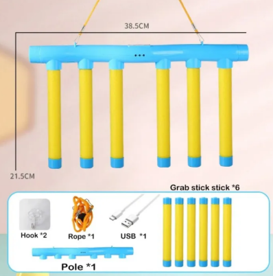 Reaction game measuring 38.5 by 21.5 cm, with six sticks, two hooks, rope, USB cable, and trainer
