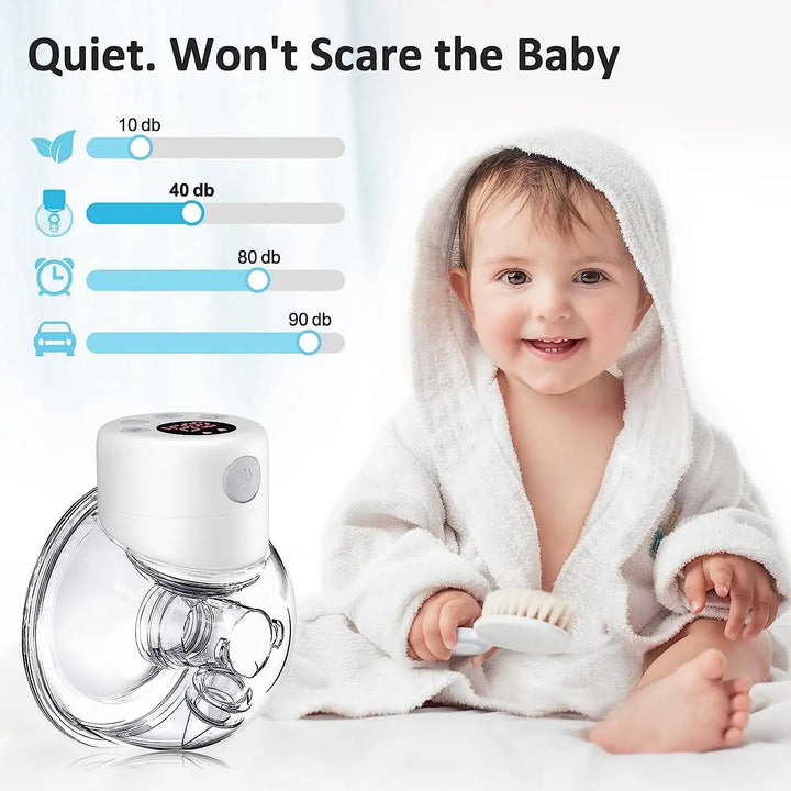 White wearable breast pump beside a baby and a sound-level comparison chart
