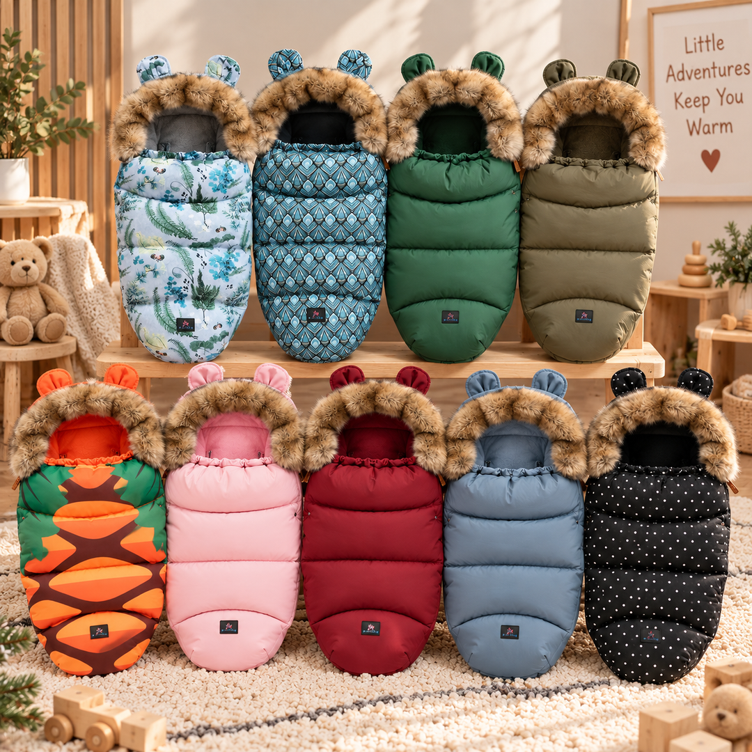 Quilted stroller footmuffs in solid colors and printed designs with faux fur collars and small ears