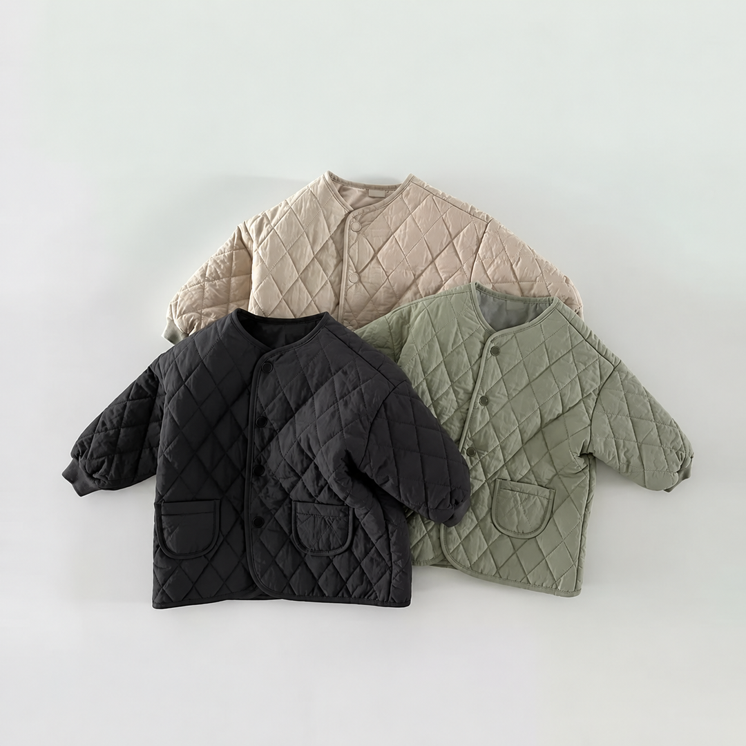 Black, green, and beige quilted jackets arranged to show front pockets and snap closures
