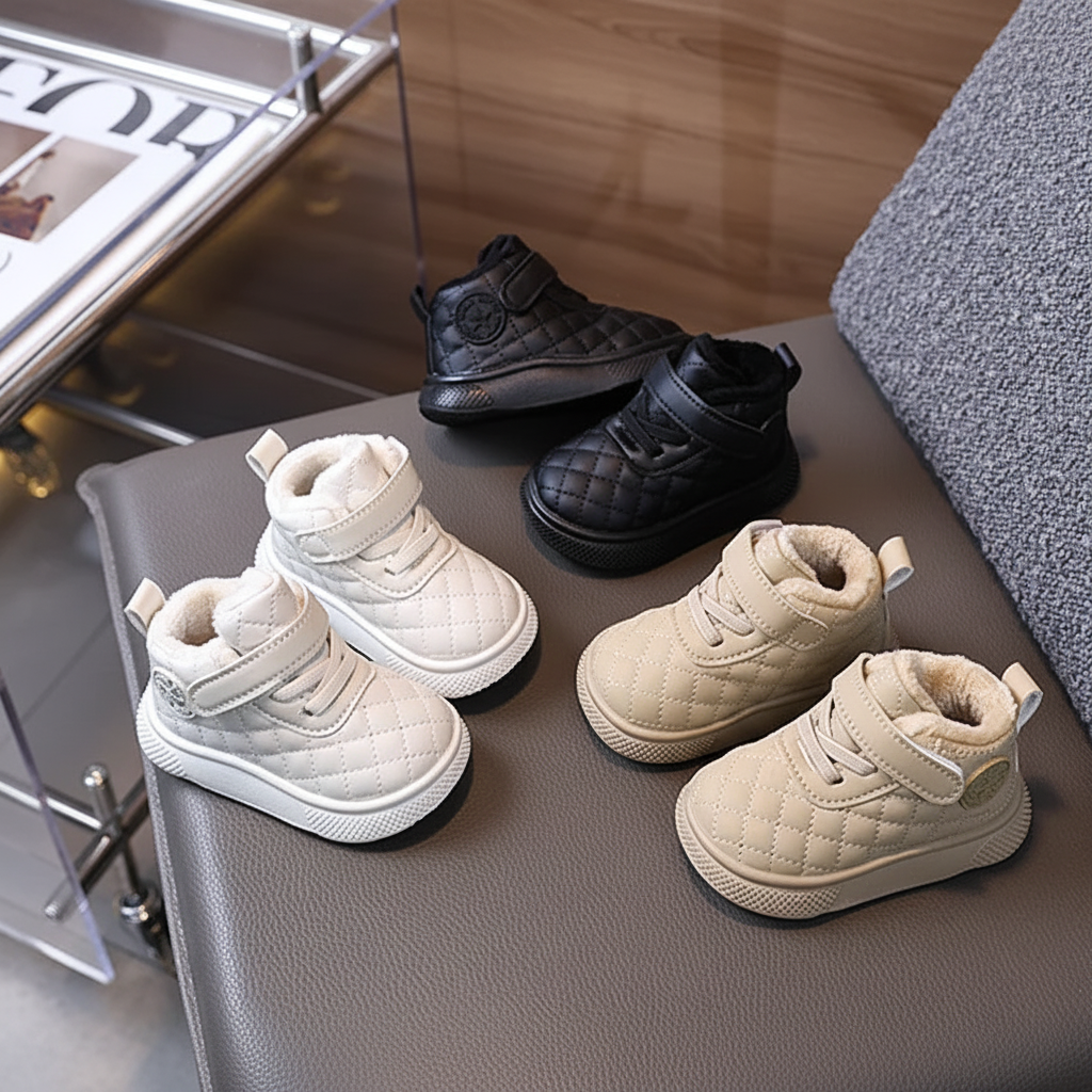 White, beige and black quilted winter boots with plush lining arranged on a chair