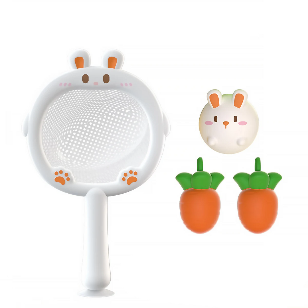 Rabbit set with a white rabbit-shaped net, rabbit toy, and two carrot toys