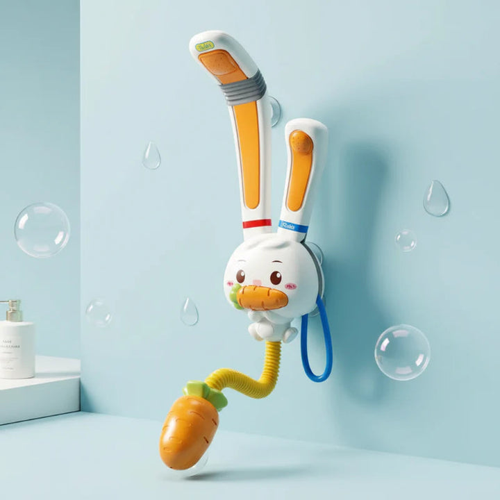 Wall-mounted rabbit bath shower with ear-shaped sprayers, flexible hoses, and a carrot-shaped pump