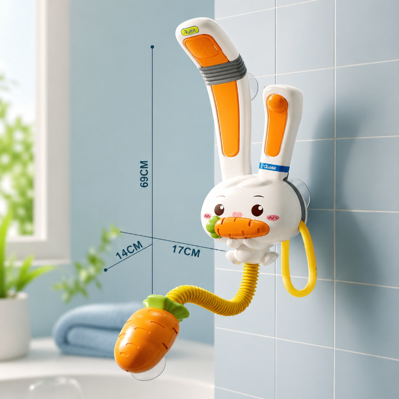 Rabbit bath shower measurement diagram showing 69 x 17 x 14 cm
