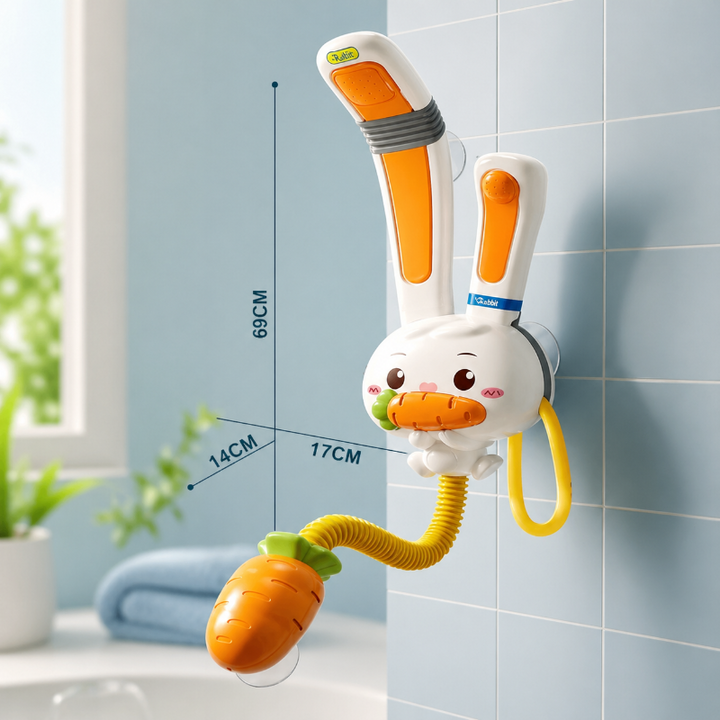 Rabbit bath shower measurement diagram showing 69 x 17 x 14 cm