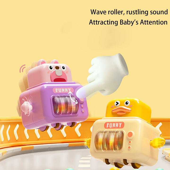 Spinning front bead rollers on the pink rabbit and yellow duck toy cars