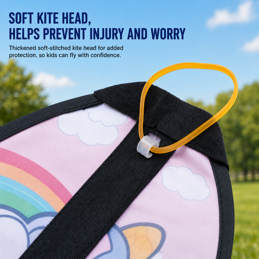 Yellow elastic loop attached to the black stitched top of a pink rabbit kite