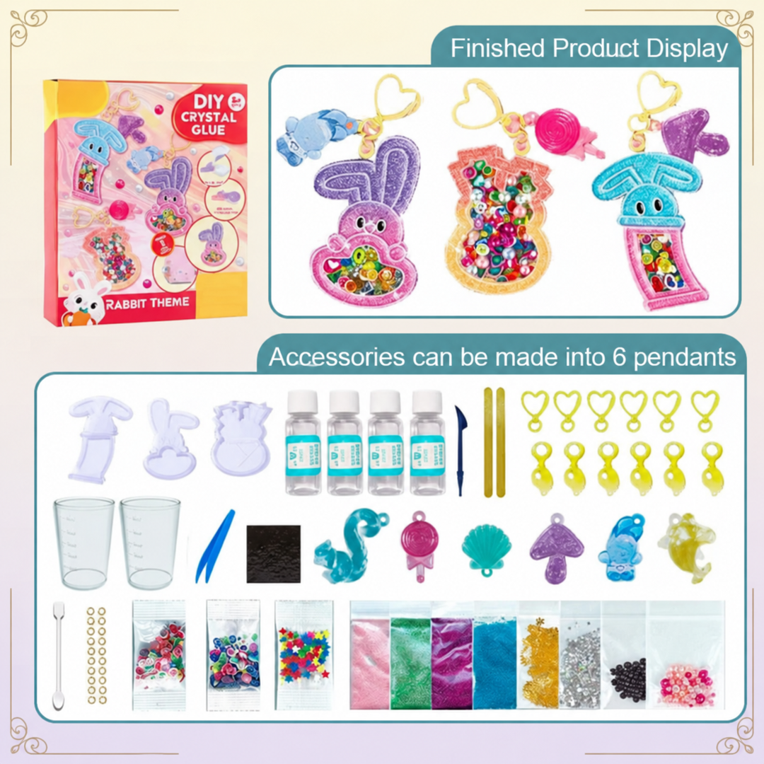 Rabbit-themed resin kit with sample shaker charms, a silicone mold, resin bottles, and decorative fillers