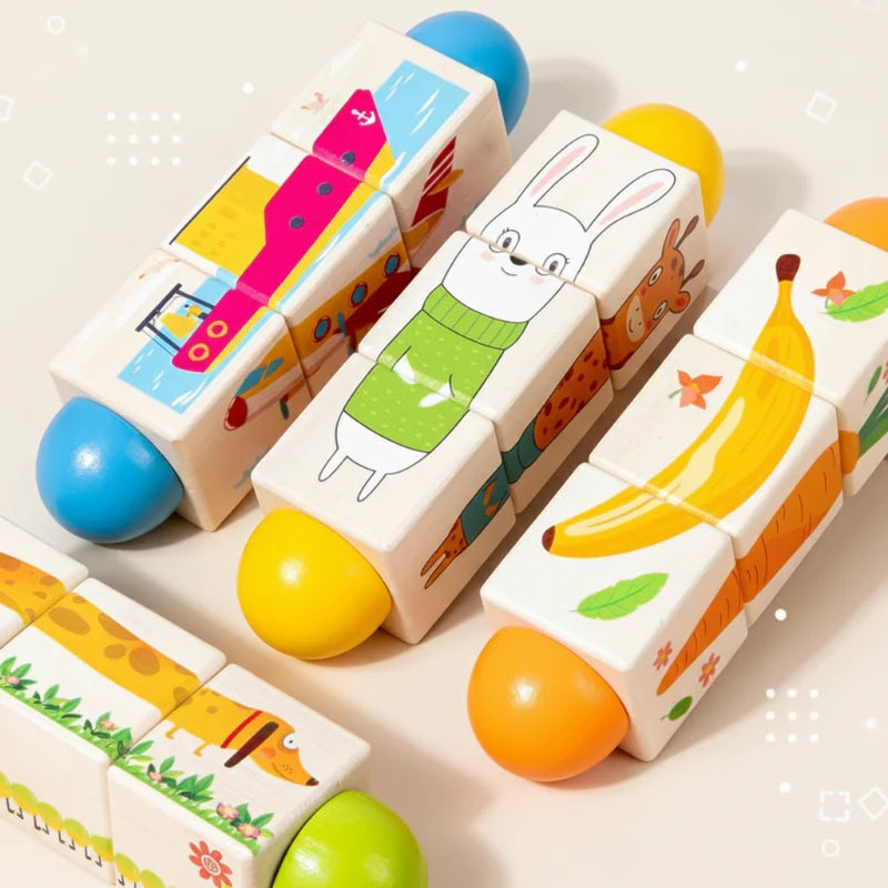 Close-up of wooden rotating puzzles showing a ship, rabbit, and banana