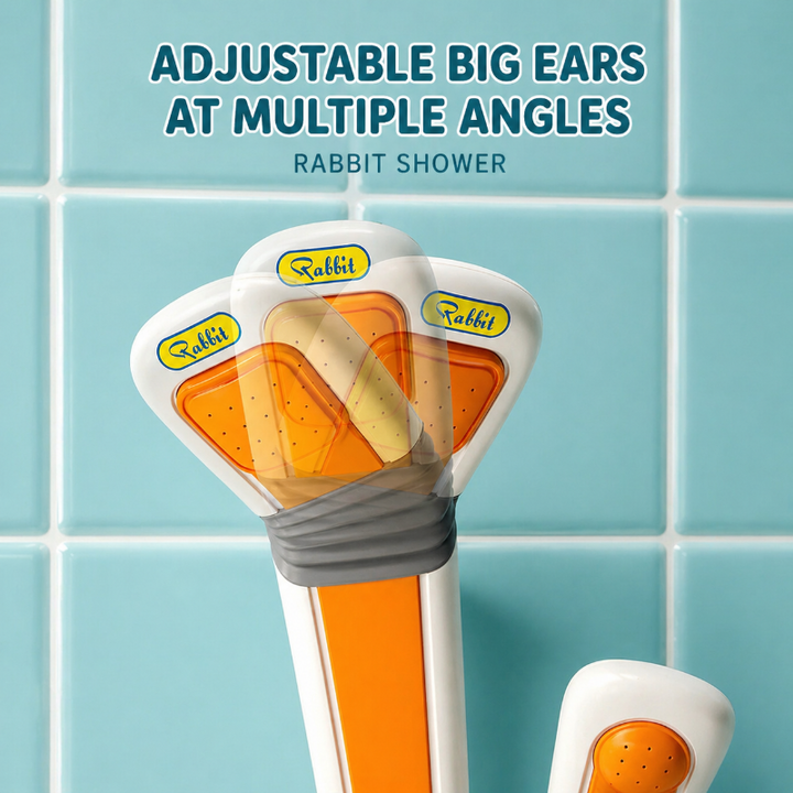 Adjustable large ear shower head shown at several angles