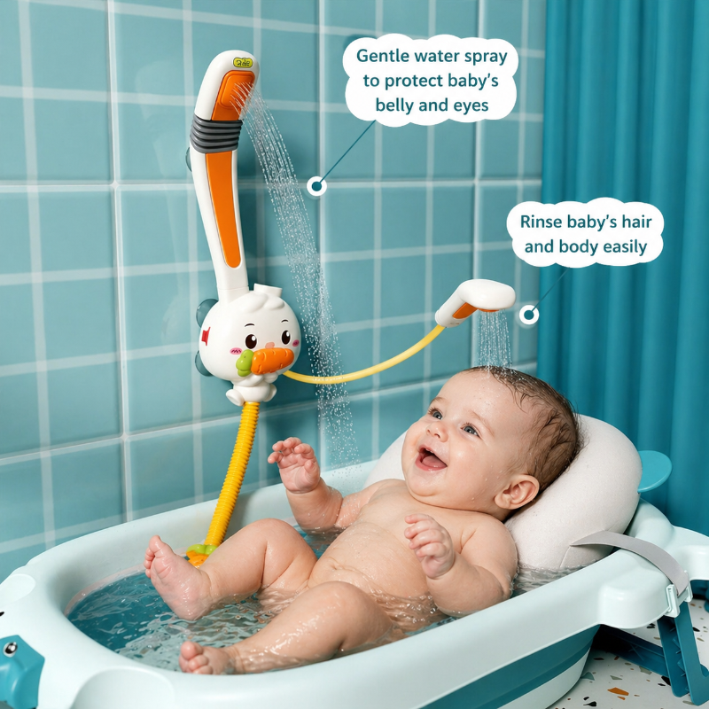 Rabbit bath shower beside a baby bathtub, with the handheld sprayer extended for rinsing