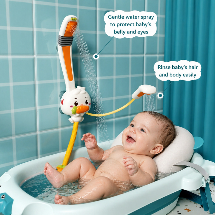 Rabbit bath shower beside a baby bathtub, with the handheld sprayer extended for rinsing