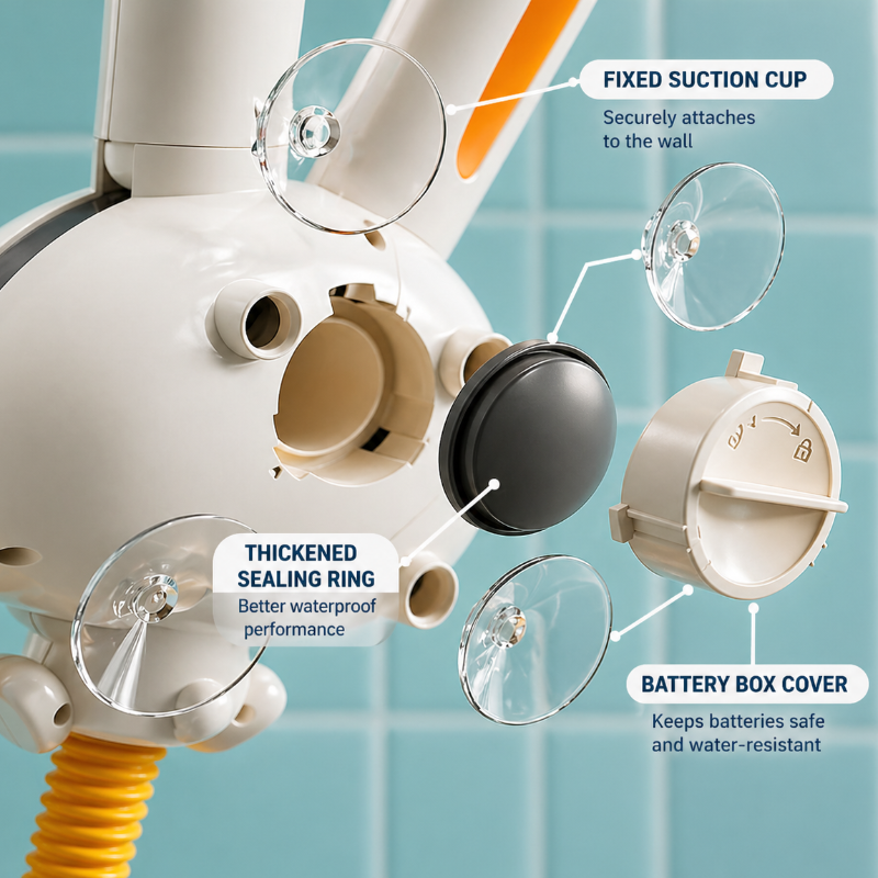 Rear view of the rabbit shower showing suction cups and the opened battery compartment