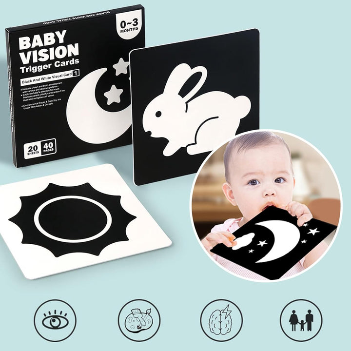 Rabbit and sun picture cards with an inset of a baby holding a moon-and-stars card