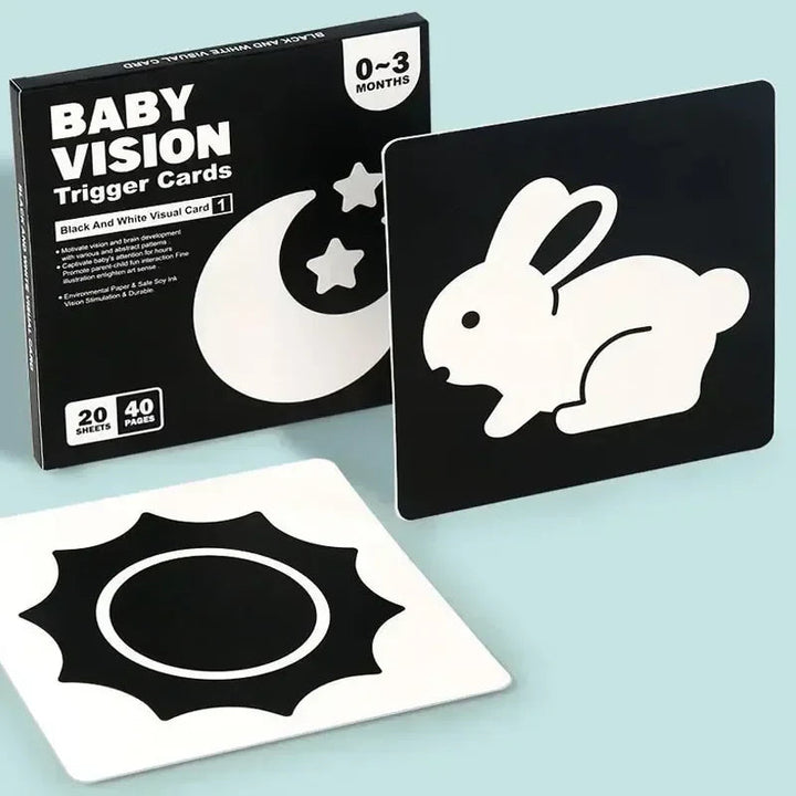 Black-and-white rabbit and sun picture cards beside the 0–3 month box