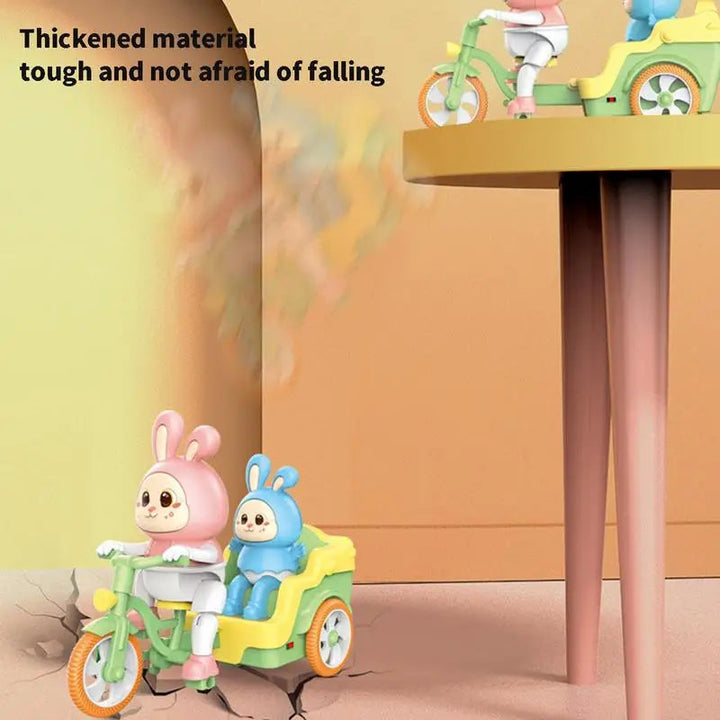 Rabbit tricycle shown on a tabletop and on the floor in a durability illustration.