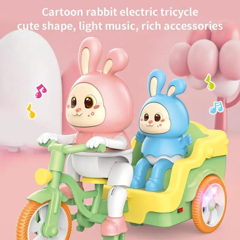 Rabbit toy tricycle with colorful music-note graphics and a glowing rear wheel.