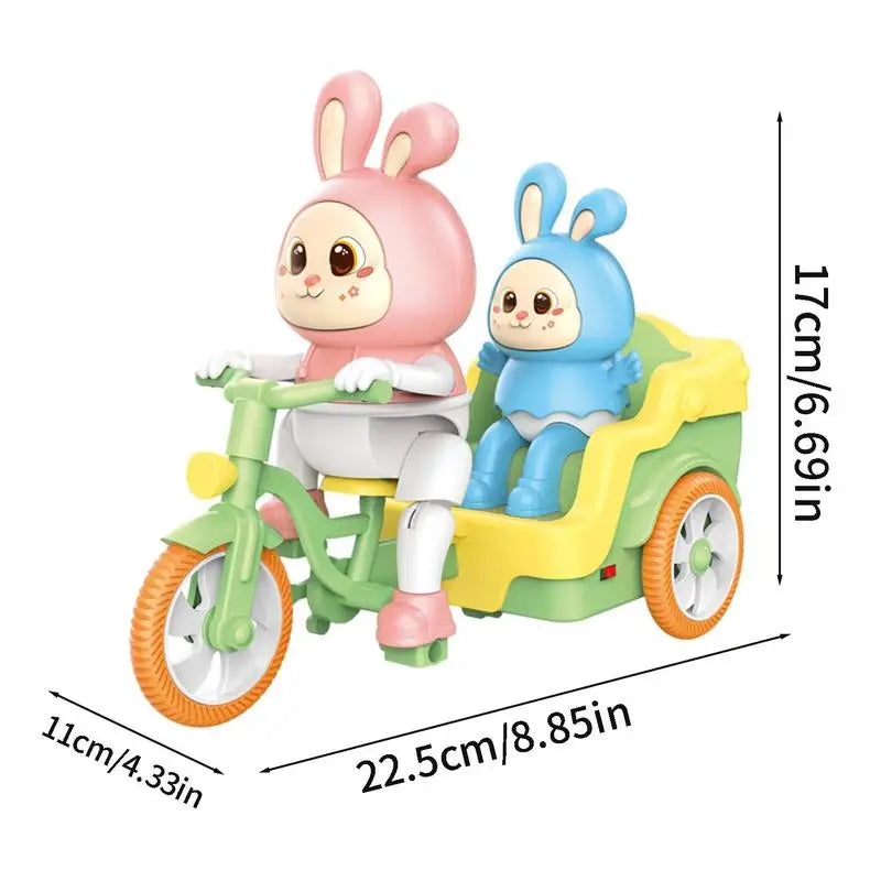 Rabbit toy tricycle measurements: 22.5 cm long, 11 cm wide, and 17 cm high.