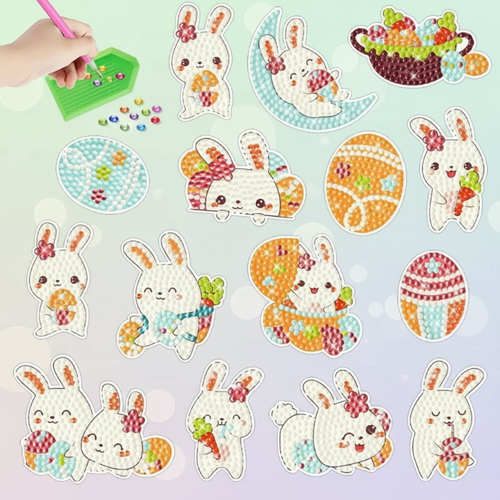 Rabbit diamond painting stickers with decorated eggs and flowers