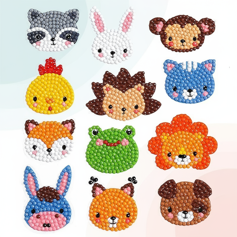 Gem-covered animal face stickers featuring a raccoon, rabbit, frog, and lion