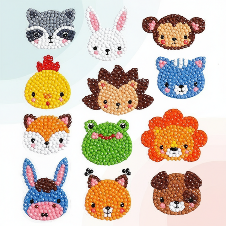 Gem-covered animal face stickers featuring a raccoon, rabbit, frog, and lion