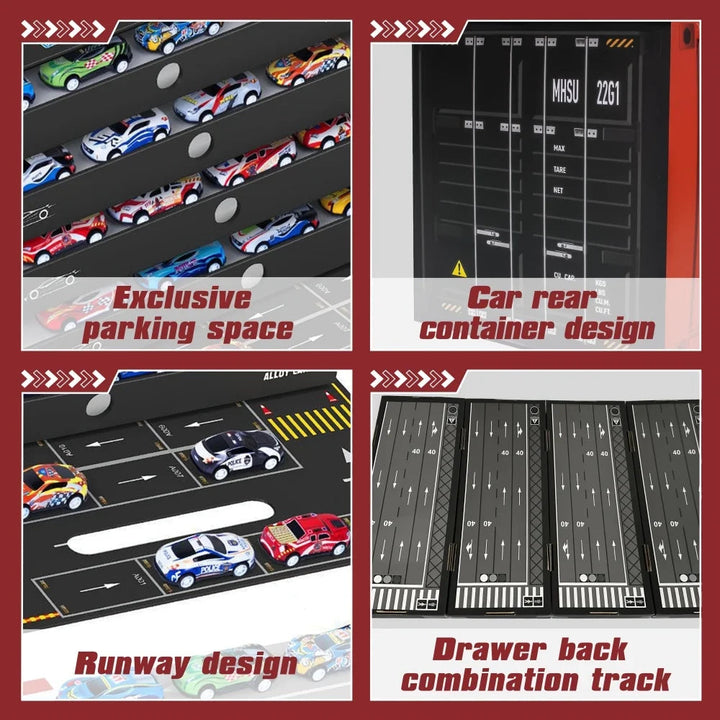 Four views of car parking rows, container-style storage, roadway markings, and track backs on the trays