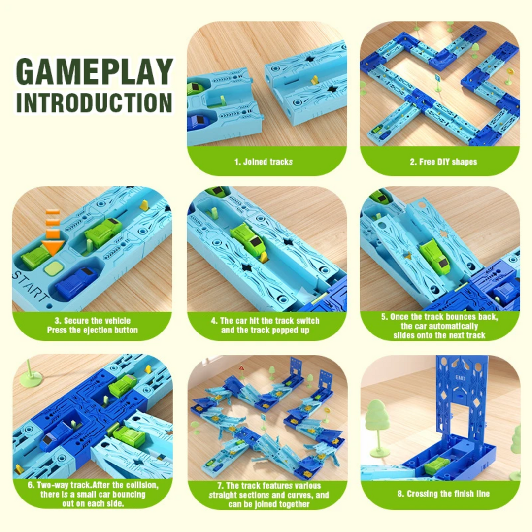 Illustrated guide showing track assembly, car launching, route changes, and the finish gate