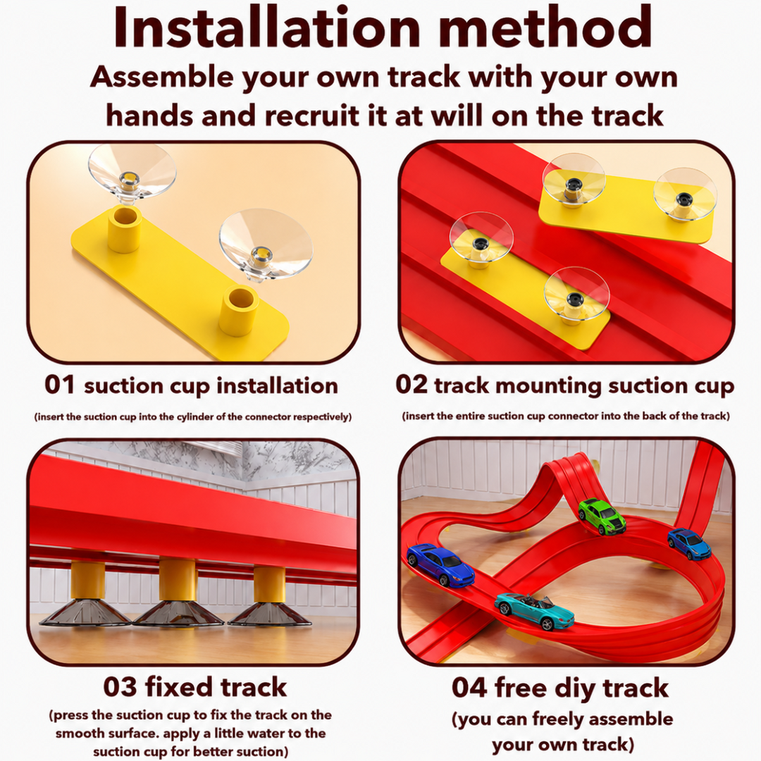 Four-step diagram showing connectors, suction cups, and assembly of a red race track.