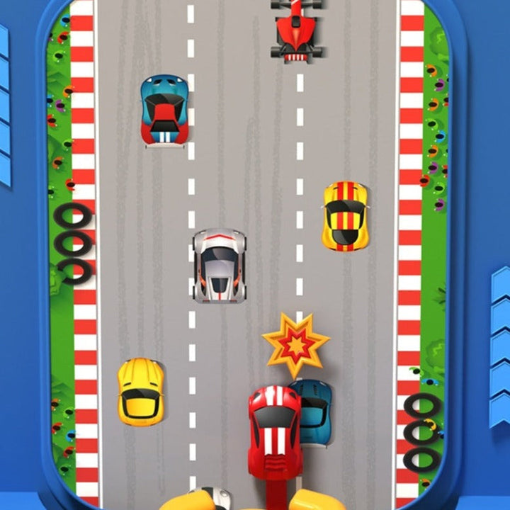 Racing game road display with cars, lane markings, and a starburst symbol