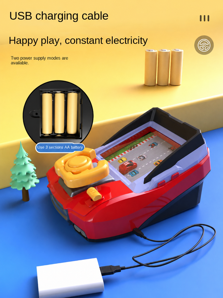 Racing game power options illustrated with a USB cable and AA batteries