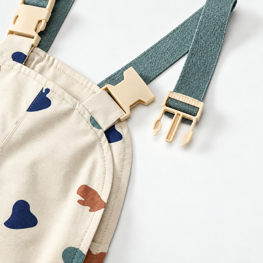 Close-up of an open shoulder-strap buckle on the matching rain bib pants.