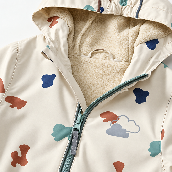 Front zipper, cloud motif and textured lining on the printed hooded rain jacket.